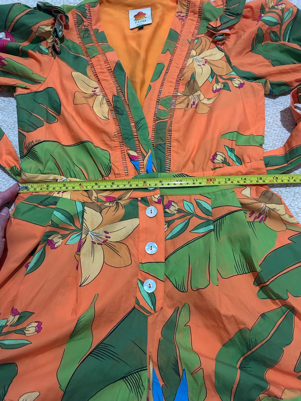 FARM RIO Fresh Macaw Orange Romper Size Medium Belted V-Neck - Picture 13 of 15